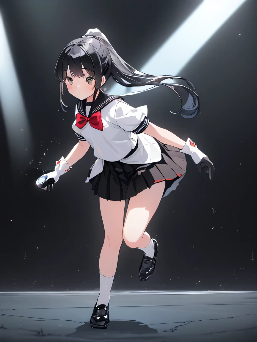 ((Masterpiece)), ((top quality)), (very detailed), animated style illustration, 1girl, cute girl, solo, full body, full body focus, White short-sleeved sailor suit with a red tie, (long Black Skirt:1.7), (knees are hidden by the skirt:1.3), Beautiful girl, (Beautiful black hair:1.4), (ponytail:1.2), (Black glove on left hand:1.5), (holding a silver small Disk-shaped metal object in left hand:1.5), (left hand thrust forward:1.7), (white socks), Background with a heartwarming atmosphere.