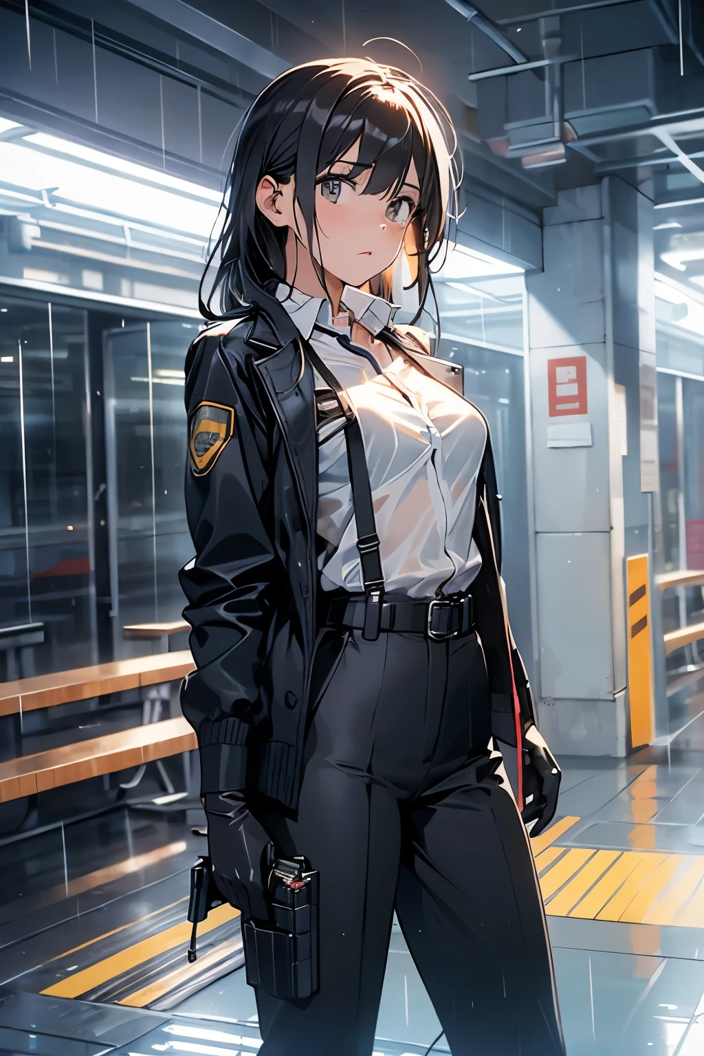 1 female, , high quality, masterpiece, Ultra-high resolution, , Cinema Lighting, , , And the suspenders with the cranes flying　　　Large Breasts　 　 　　　　Small face　 　　　holster　　　　　　　 Lying in bed　Looking up　　　　Sweat 　　　belt　summer　脇Sweat 　Black Hole Gloves　suit　shirt　　Black jacket　 Black trousers　Leg Links　ズボンにbelt　　holster　 　　Hands behind your back　 Anxious expression　Looking up　Anxious face, legs apart　Armament　　Cable ties　レッグholster　holster　See-through clothing　heavy rain　Getting wet in the rain