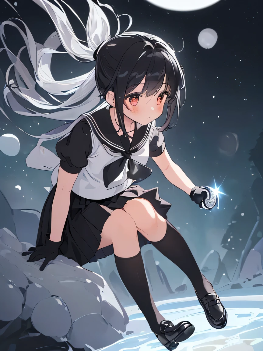 ((Masterpiece)), ((top quality)), (very detailed), animated style illustration, 1girl, cute girl, solo, full body, full body focus, White short-sleeved sailor suit with a red tie, (long Black Skirt:1.7), (knees are hidden by the skirt:1.3), Beautiful girl, (Beautiful black hair:1.4), (ponytail:1.2), (Black glove on left hand:1.5), (holding a silver small Disk-shaped metal object in left hand:1.5), (left hand thrust forward:1.7), (white socks), Background with a heartwarming atmosphere.