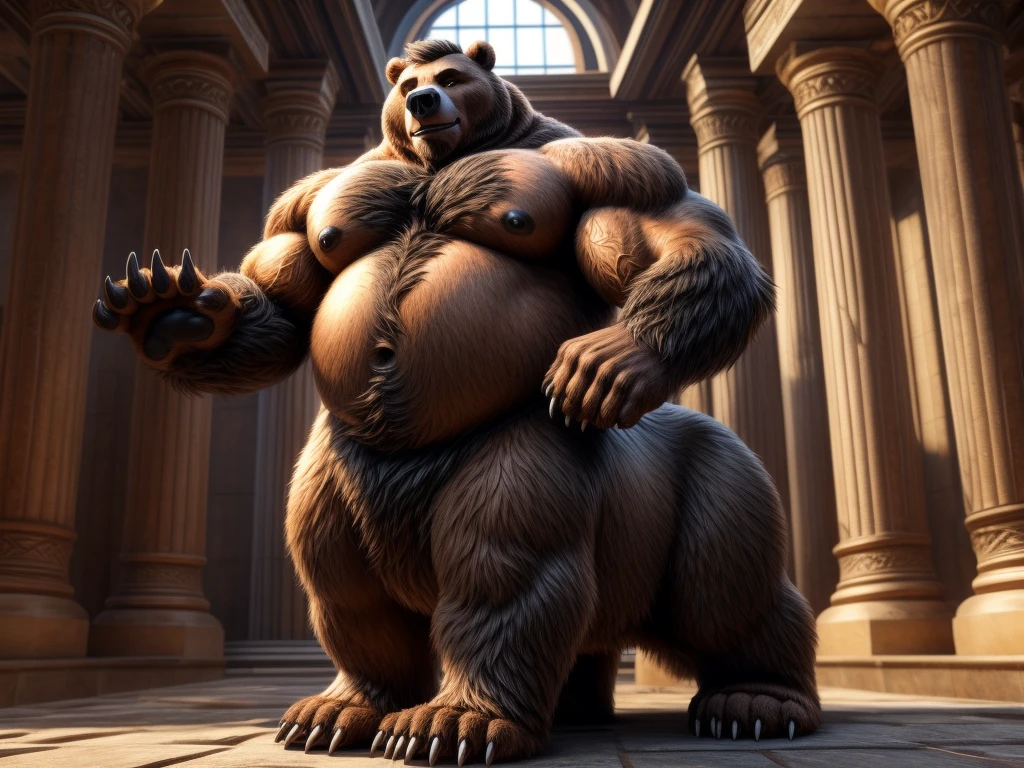 furry, fur taur, huge grizzly bear, beartaur, middle-age, solo,1man, detailed face, bear ears, bear eyes(green), bear nose(black), bear mouth, garibaldi beard(grey), hair, mature hair(grey), detailed arm, thick arm, forearm hair, muscular, thick hands(5 fingers), thick claws, detailed body belly, thick body, brown skin, muscle belly(white), thick chest, chest hair(white), nipples, detailed taur body, thick taur body, waist hair, thick bear paws, bear paws hair, thick bear claws, thick bear tail, bear tail, full body shot, standing in the temple