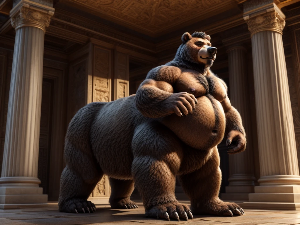 furry, fur taur, huge grizzly bear, beartaur, middle-age, solo,1man, detailed face, bear ears, bear eyes(green), bear nose(black), bear mouth, garibaldi beard(grey), hair, mature hair(grey), detailed arm, thick arm, forearm hair, muscular, thick hands(5 fingers), thick claws, detailed body belly, thick body, brown skin, muscle belly(white), thick chest, chest hair(white), nipples, detailed taur body, thick taur body, waist hair, thick bear paws, bear paws hair, thick bear claws, thick bear tail, bear tail, full body shot, standing in the temple