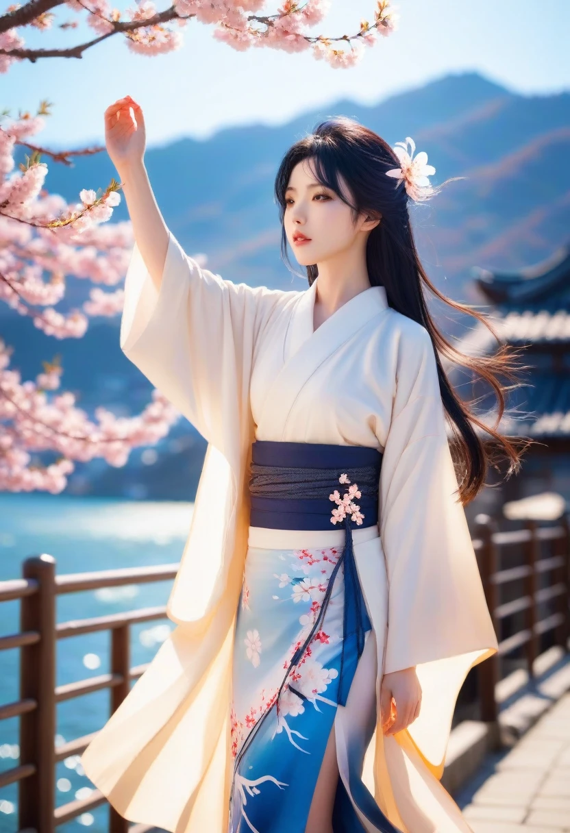 1 girl,black hair, flowing hair, Coast,sight,sight,Cherry Blossom, falling petals, sunlight,divine light,upper body, color,skirt,kimono