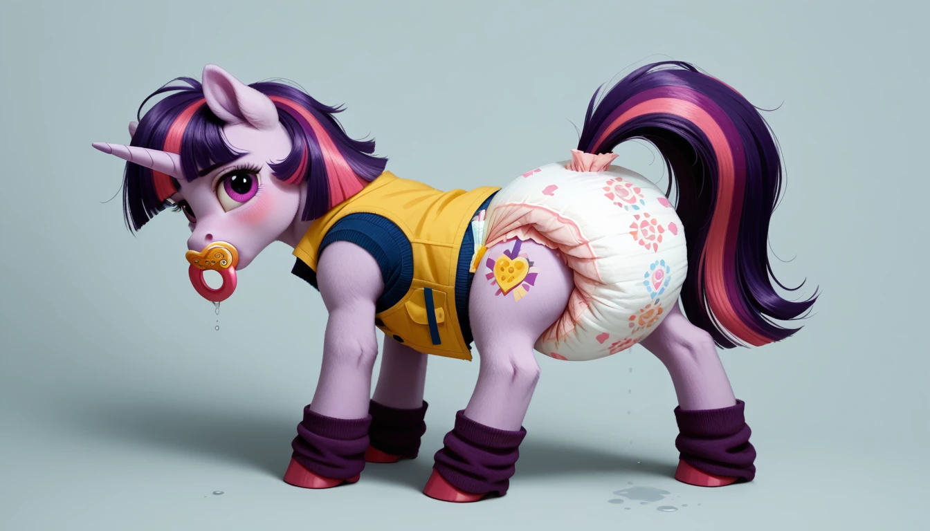 pony, purple unicorn, adult mare, stands on four hooves, rear hooves spread wide apart, the mane and tail are dark blue with a purple streak and a pink streak, purple eyes, pacifier in mouth, pink-red blush on the cheeks, dressed in a vest and booties, solo, raised tail, thick diaper under clothes, wet diaper, pile in diaper, large bulge in diaper, yellow stripe on the back of the diaper.