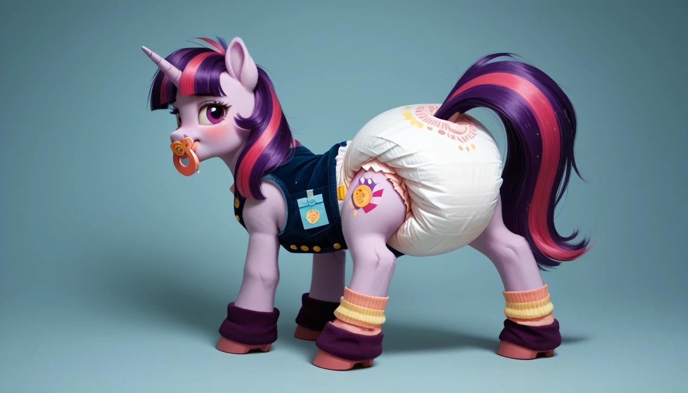 pony, purple unicorn, adult mare, stands on four hooves, rear hooves spread wide apart, the mane and tail are dark blue with a purple streak and a pink streak, purple eyes, pacifier in mouth, pink-red blush on the cheeks, dressed in a vest and booties, solo, raised tail, thick diaper under clothes, wet diaper, pile in diaper, large bulge in diaper, yellow stripe on the back of the diaper. 