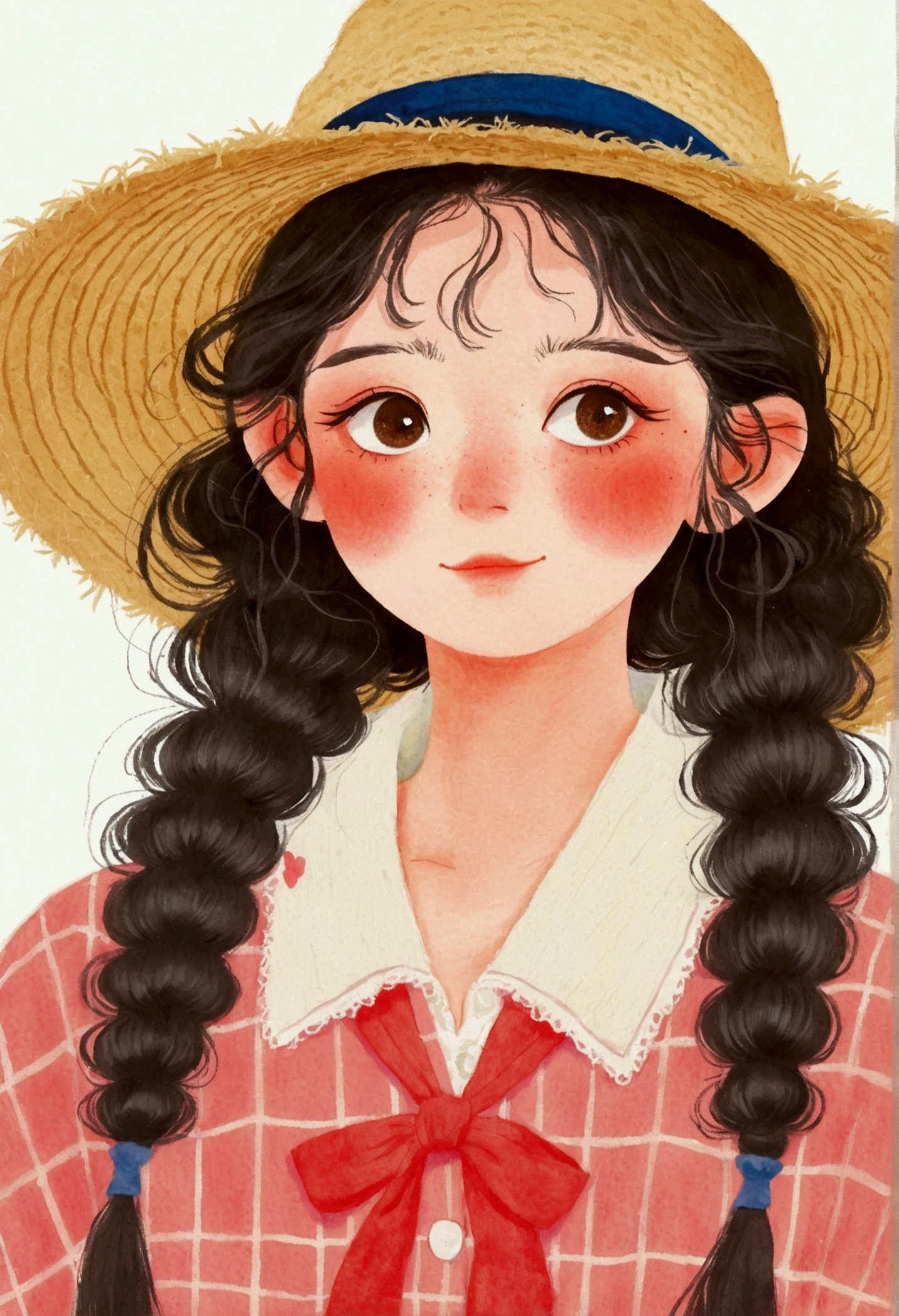 Drawing of a woman with long hair wearing a hat, Hiroshi Yamagata, author:Nobutada Yanagawa, Kawaii realistic portrait, author:Yang J, author:Oka Yasutomo, Lovely portrait, wearing straw hat, Girl Cute - Delicate Face, Cute anime girl portrait, Lovely art style, Oka Yasutomo, Cute and natural anime face