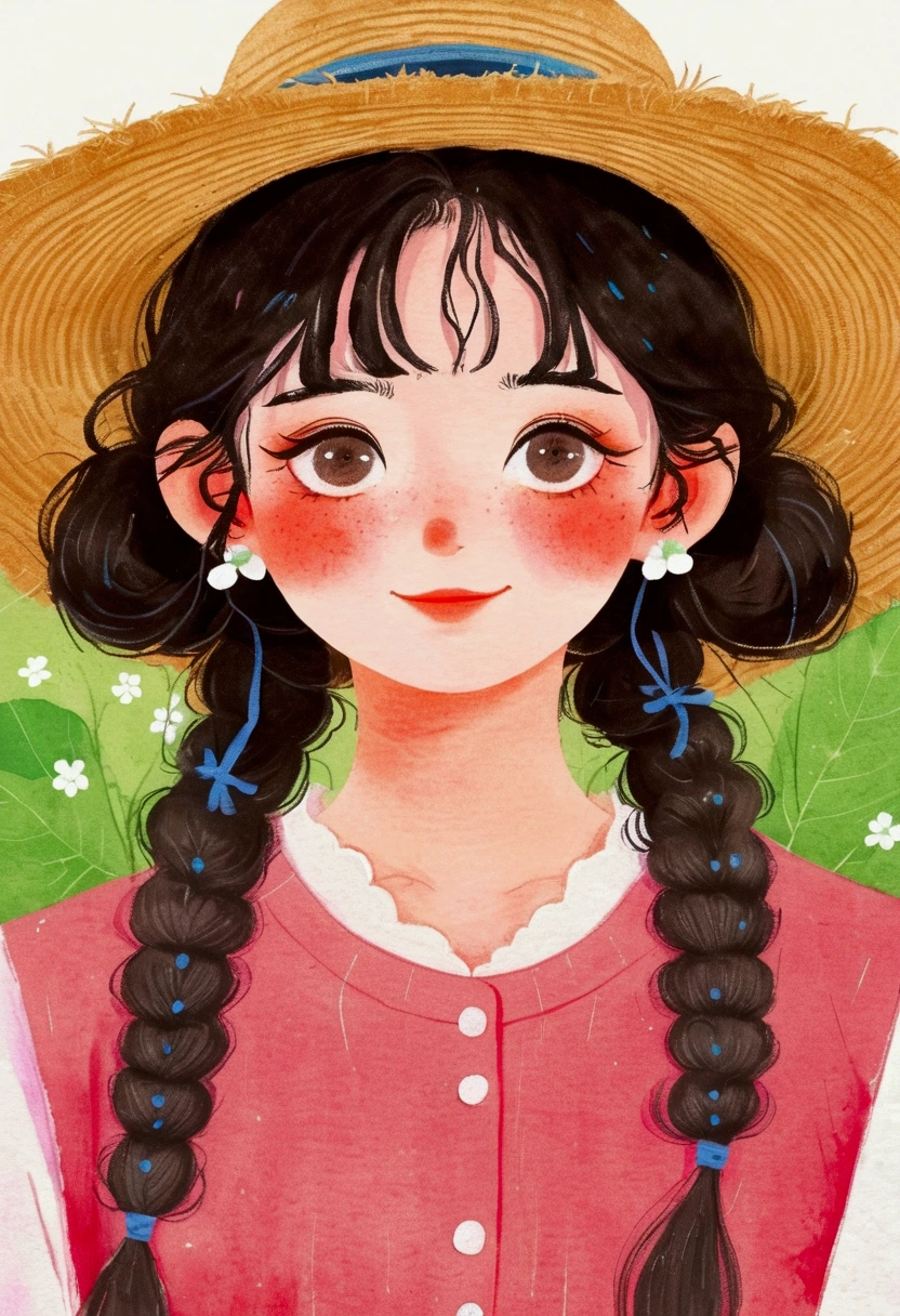 Drawing of a woman with long hair wearing a hat, Hiroshi Yamagata, author:Nobutada Yanagawa, Kawaii realistic portrait, author:Yang J, author:Oka Yasutomo, Lovely portrait, wearing straw hat, Girl Cute - Delicate Face, Cute anime girl portrait, Lovely art style, Oka Yasutomo, Cute and natural anime face