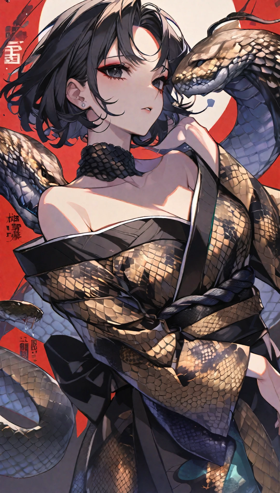girl,A snake entwined,Black Hair、Iris,,Off-the-shoulder kimono,Erect nipples, Beautiful Face,Snake Woman、poker face、Black snake pattern、turn around、Black ribbon around the neck、Kimono with snake scale pattern、With the snake、Personal illustrations、short hair