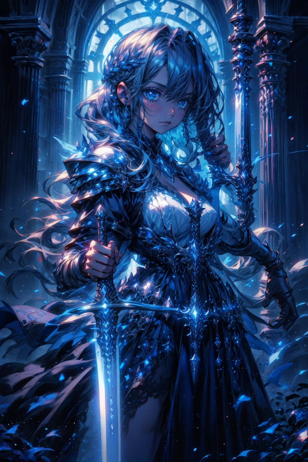 1girl,solo,cool,cleavage,dress,she holding sword,she is warrior,knight