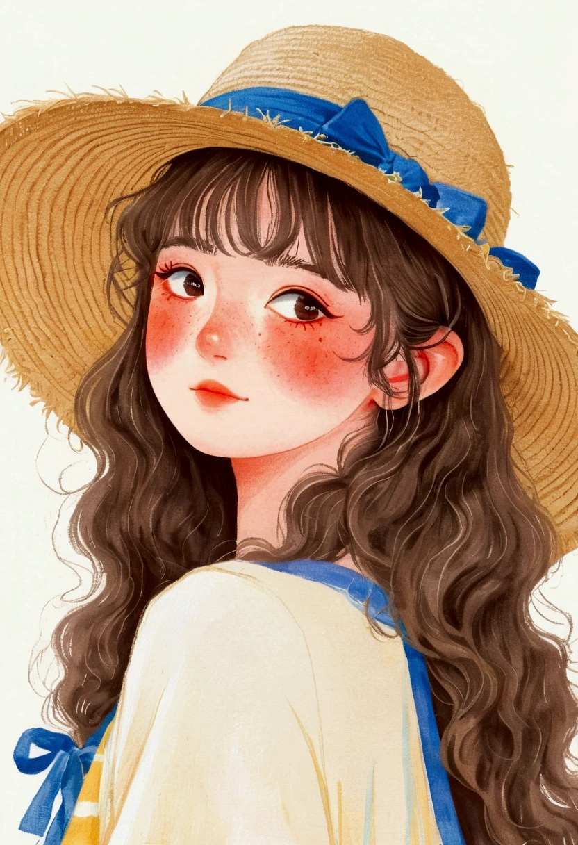 Drawing of a woman with long hair wearing a hat, Colored pencil sketch of Yamagata Hiroshi, pixiv, The art of math, Kawaii realistic portrait, Lovely portrait, wearing straw hat, Girl Cute - Delicate Face, Cute anime girl portrait, Cute and natural anime face, Lovely art style, Beautiful anime portrait, Pastel anime illustration, Anime style portrait
