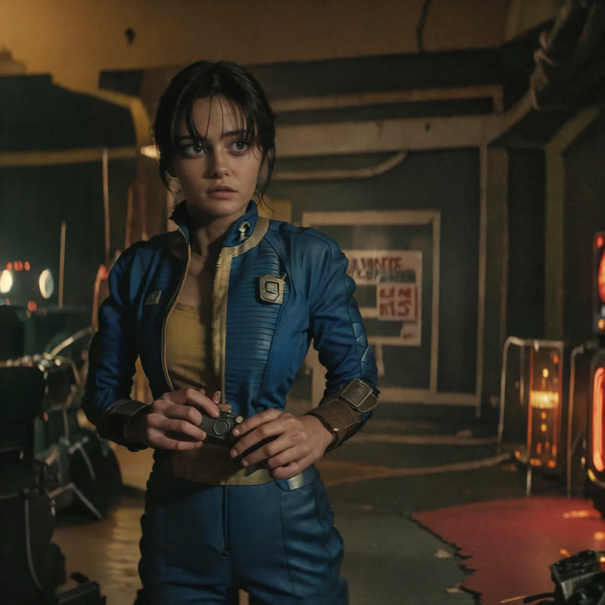 (One person). Fallout TV series. Inside a dimly lit large room in a post-apocalyptic (casino) in Las Vegas. Vaultsuit Lucy, an 18-year-old vault dweller wearing a blue and gold vaultsuit, her black hair disheveled, clutching a large gun in a dimly lit, post-apocalyptic casino. Cinematic. realistic colors, realistic, photorealistic. EllaPurnell1