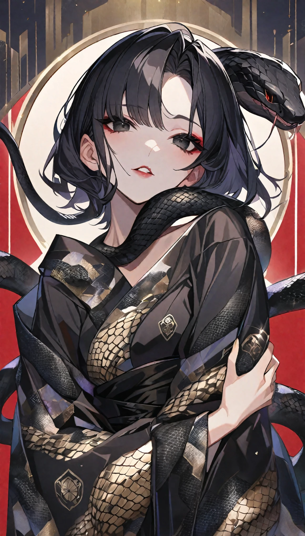 girl,一条蛇缠绕着girl,Black Hair、black eyes,,Off-shoulder kimono,Beautiful face,Snake Woman、Poker face、Black snake pattern、turn around、A black ribbon tied around the neck、Snake scale pattern kimono、With the snake、Personal illustration、short hair