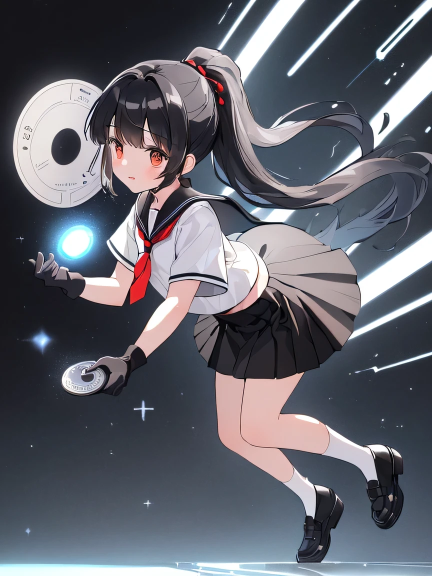 ((Masterpiece)), ((top quality)), (very detailed), animated style illustration, 1girl, cute girl, solo, full body, full body focus, White short-sleeved sailor suit with a red tie, (long Black Skirt:1.7), (knees are hidden by the skirt:1.3), Beautiful girl, (Beautiful black hair:1.4), (ponytail:1.2), (Black glove on left hand:1.5), (holding a silver small Disk-shaped metal object in left hand:1.5), (left hand thrust forward:1.7), (white socks), Background with a heartwarming atmosphere.
