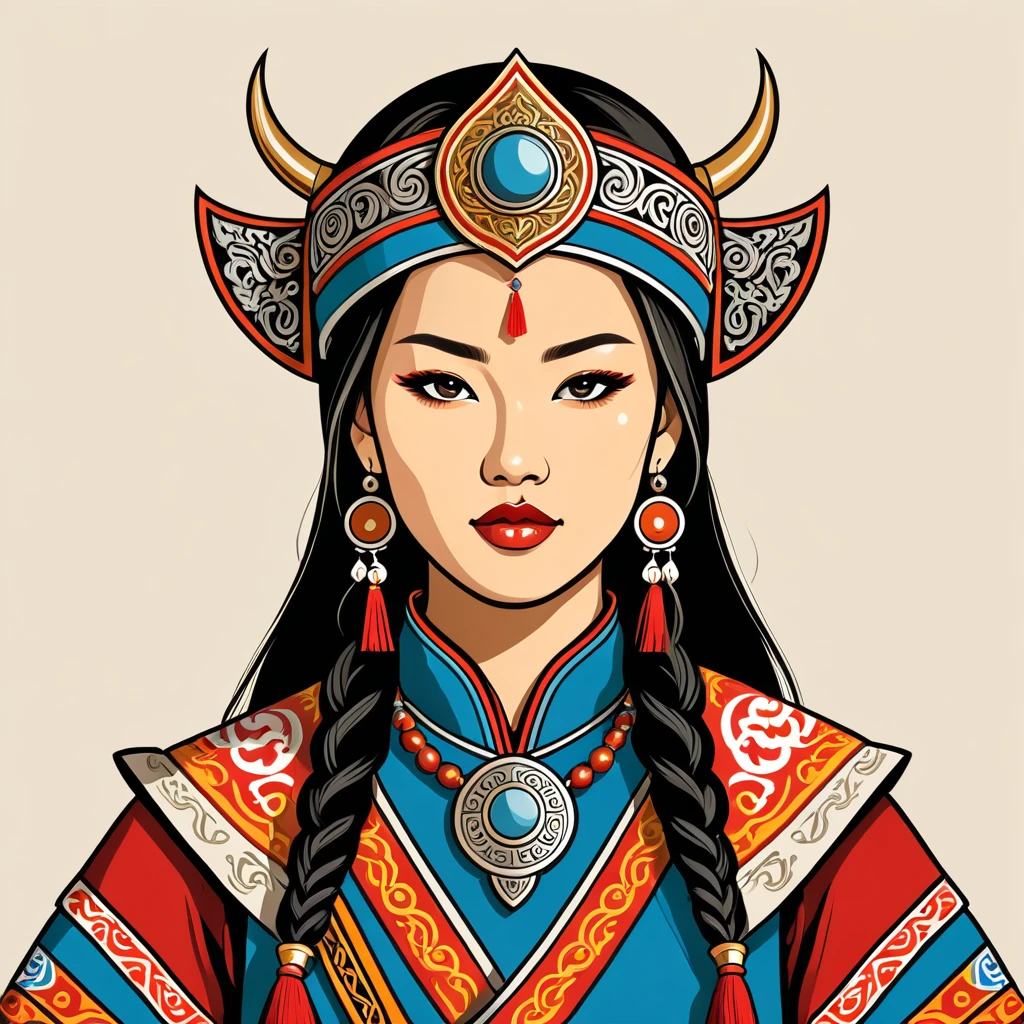 female	warlord	in mongol folk outfit	,vector graphics, strong contours, logo design																						