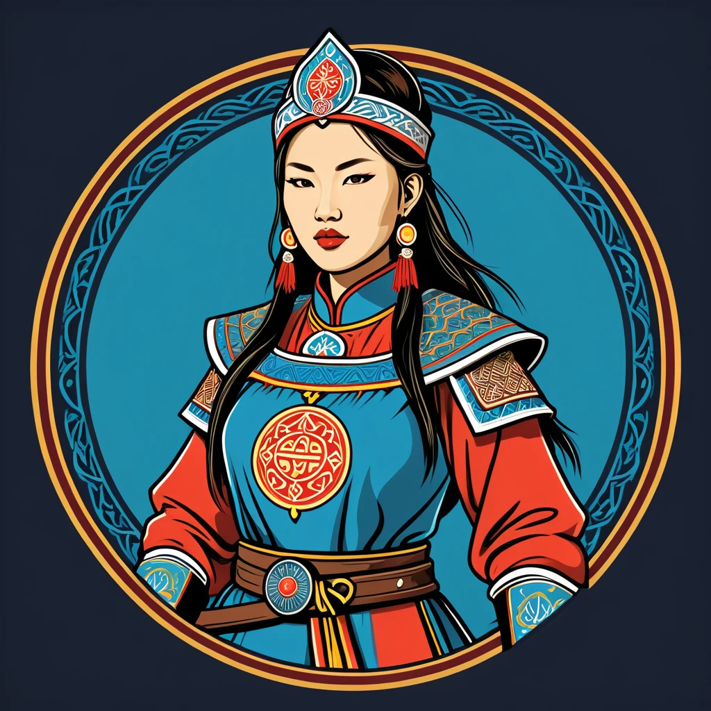 female warlord in mongol folk outfit ,vector graphics, strong contours, logo design