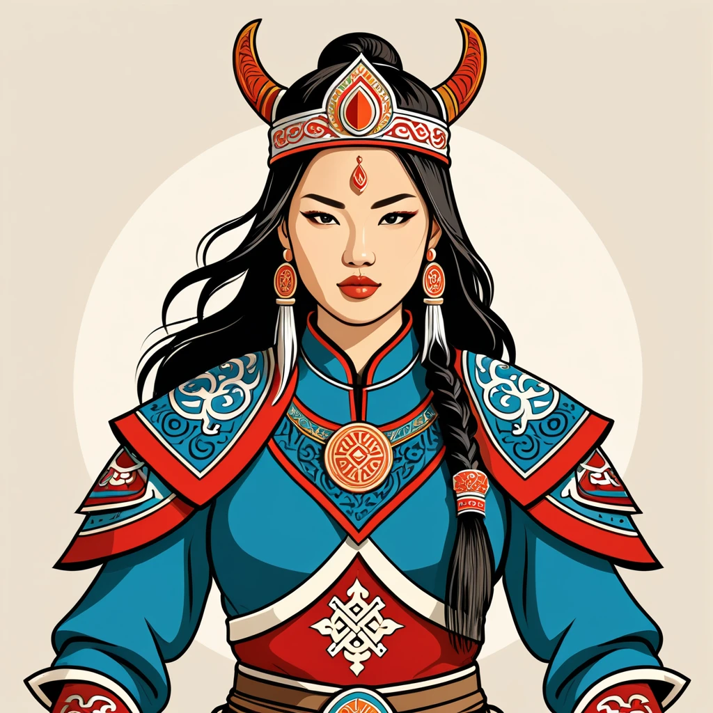 female	warlord	in mongol folk outfit	,vector graphics, strong contours, logo design																						