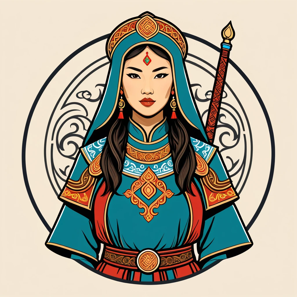 female warmage in mongol folk outfit ,vector graphics, strong contours, logo design