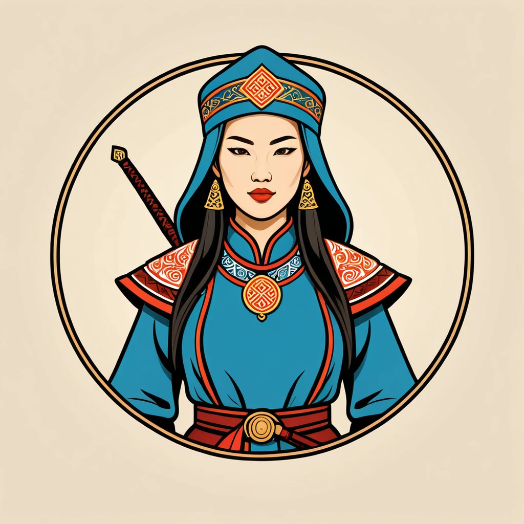 female	warmage	in mongol folk outfit	,vector graphics, strong contours, logo design																						