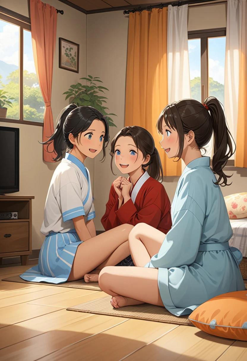 Ridiculous resolution, high resolution, (masterpiece: 1.4), Very detailed, (((Delicate face, Detailed expression)), Two girls, Girls and Girls, friends, best friends, classmate, Relax, Ponytail, Bob, sitting on floor, Sitting on the floor, Two people talking, Room Background, friends, best friend, Home, 1k, small room, curtain, floor, television, table, 居Home服, Kyoto Animation, Kyoto Animation的氛围, (tearful)
