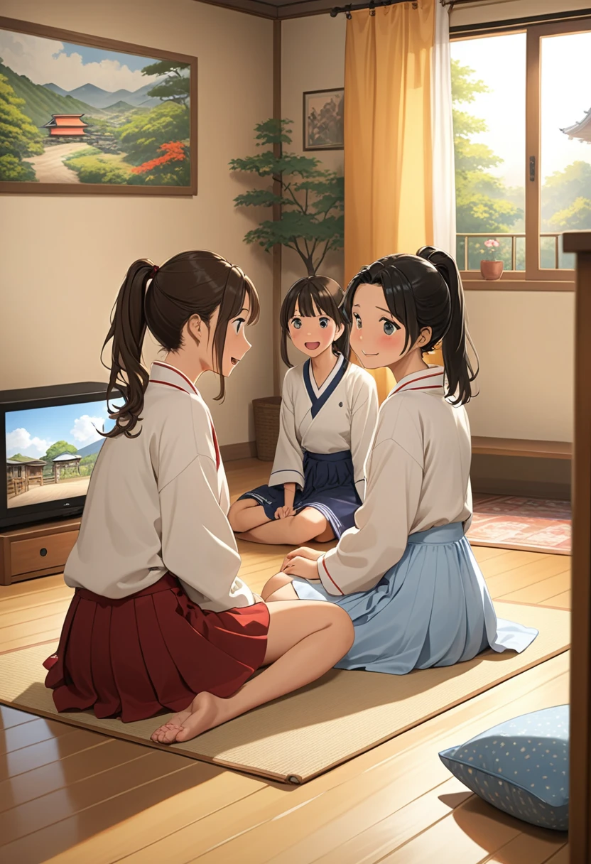 Ridiculous resolution, high resolution, (masterpiece: 1.4), Very detailed, (((Delicate face, Detailed expression)), Two girls, Girls and Girls, friends, best friends, classmate, Relax, Ponytail, Bob, sitting on floor, Sitting on the floor, Two people talking, Room Background, friends, best friend, Home, 1k, small room, curtain, floor, television, table, 居Home服, Kyoto Animation, Kyoto Animation的氛围, (tearful)