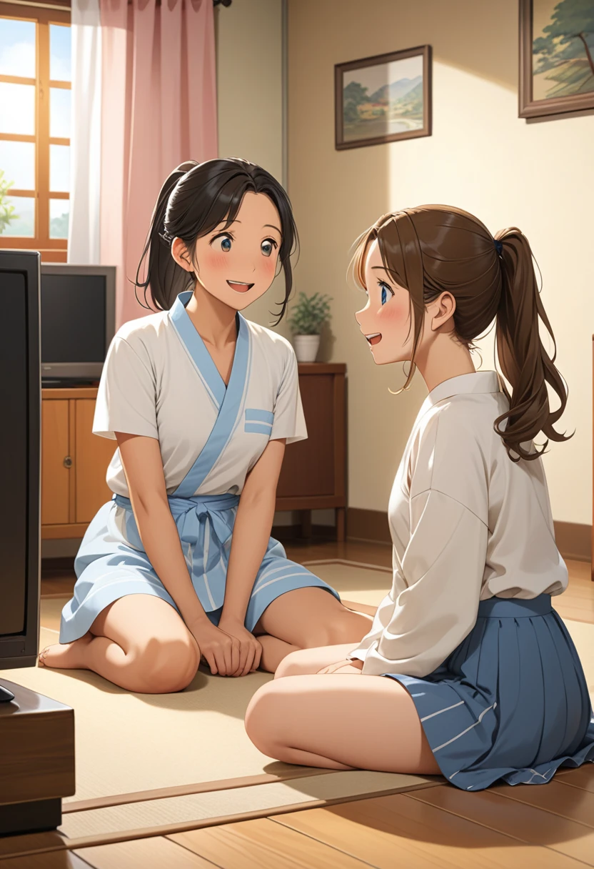Ridiculous resolution, high resolution, (masterpiece: 1.4), Very detailed, (((Delicate face, Detailed expression)), Two girls, Girls and Girls, friends, best friends, classmate, Relax, Ponytail, Bob, sitting on floor, Sitting on the floor, Two people talking, Room Background, friends, best friend, Home, 1k, small room, curtain, floor, television, table, 居Home服, Kyoto Animation, Kyoto Animation的氛围, (tearful)