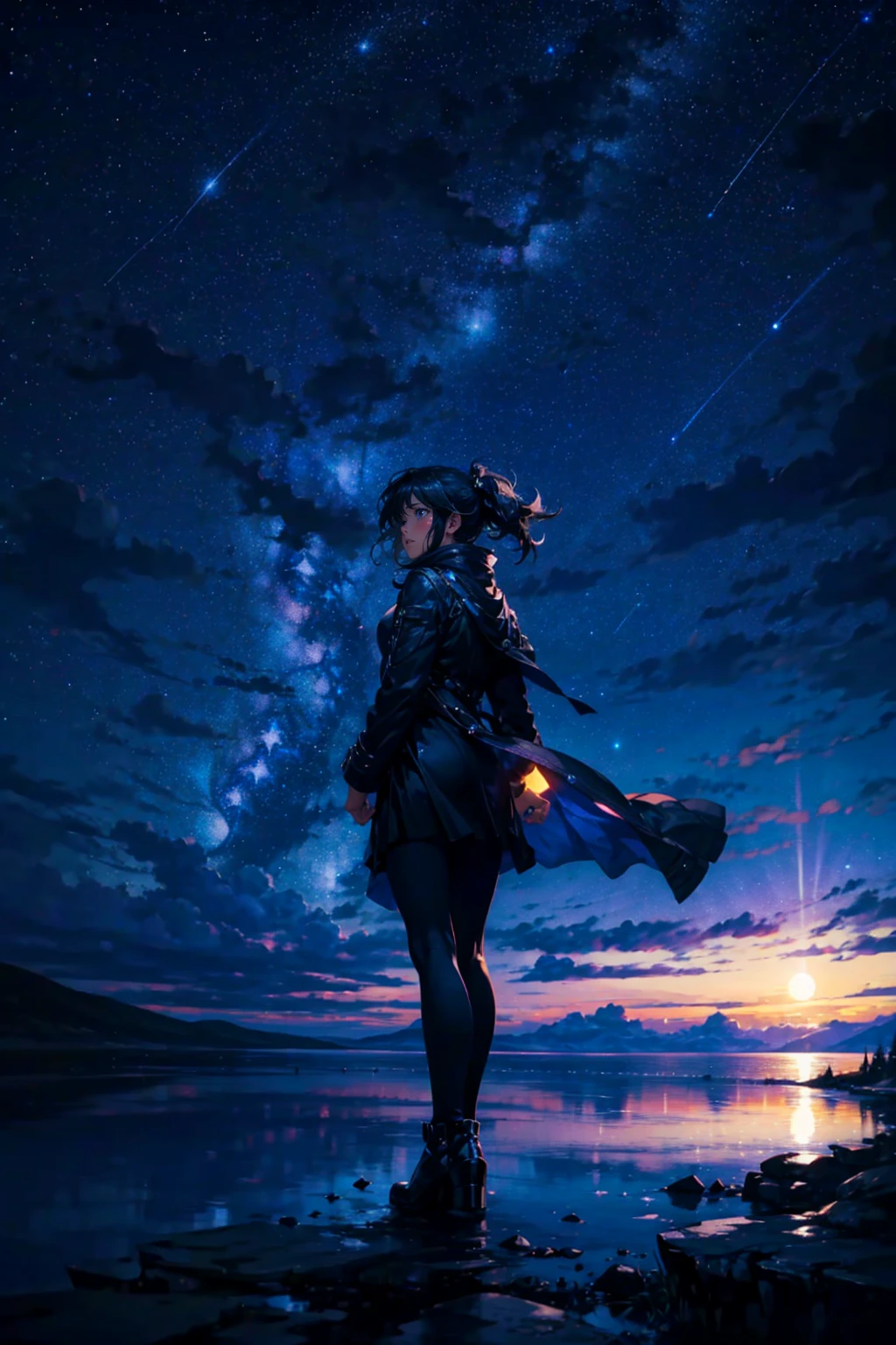 1lady,solo,cool,at night,outdoor,starry sky,brilliant sky,star,moon,