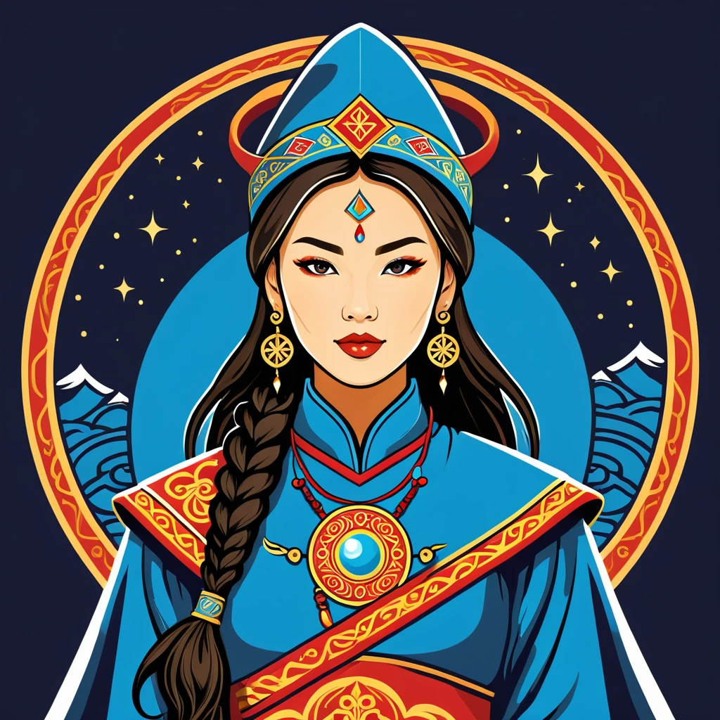 female wizard in mongol folk outfit ,vector graphics, strong contours, logo design