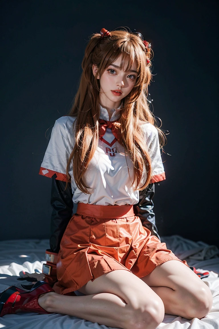 best quality, masterpiece, realistic, photorealistic, 1girl, solo, looking at viewer, full body, sitting, long hair, asuka cosplay costume, cosplay, shirt and skirt outfit, hair ornament, simple background,