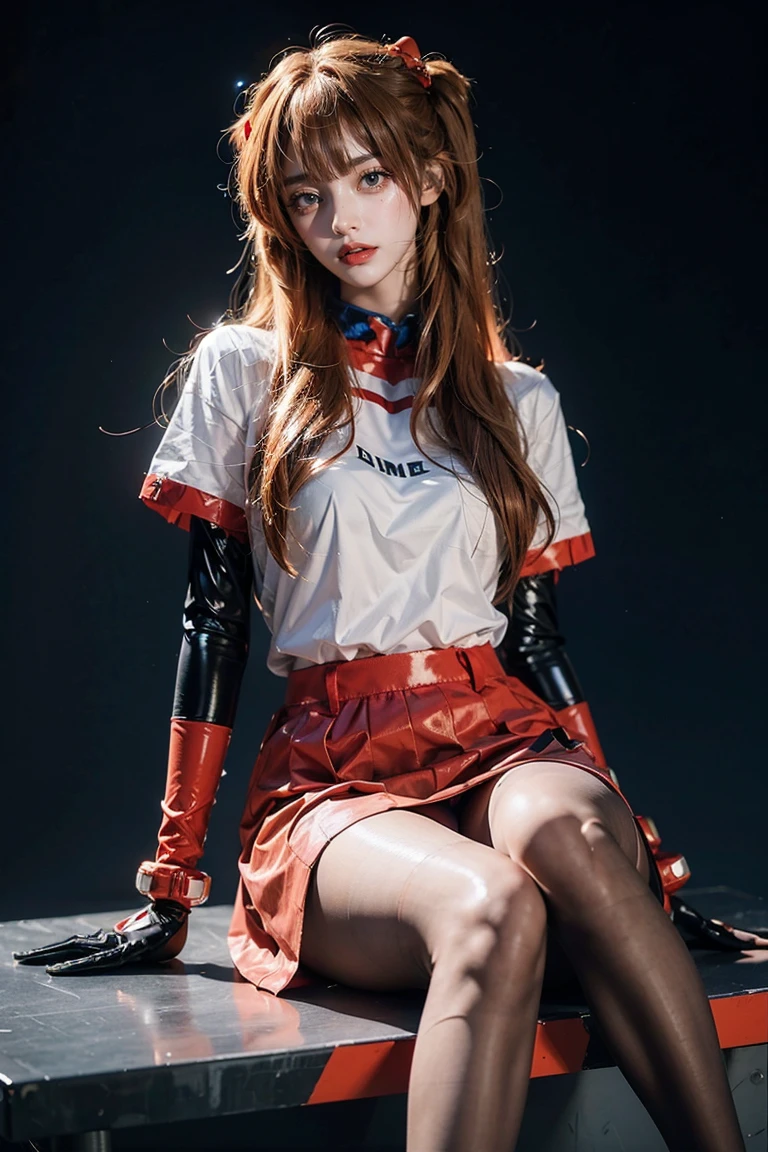best quality, masterpiece, realistic, photorealistic, 1girl, solo, looking at viewer, full body, sitting, long hair, asuka cosplay costume, cosplay, shirt and skirt outfit, hair ornament, simple background, 