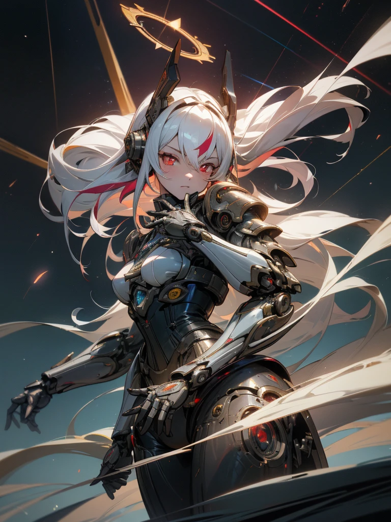 masterpiece,best quality,ultra-detailed,very detailed illustrations,extremely detailed,intricate details,highres,super complex details,extremely detailed 8k cg wallpaper,cowboy shot, caustics,reflection,ray tracing,demontheme,nebula,dark aura,cyber effect, (1girl:1.4),solo,alone,mecha musume,mechanical parts, robot joints,single mechanical arm, headgear, mechanical halo,star halo,intricate mechanical bodysuit, mecha corset, full armor, very long hair,white hair, hair between eyes, multicolored hair, colored inner hair, red eyes,glowing eye,eye trail, random expressions,random action, ancient japanese architecture,pond, starry sky,skyline,