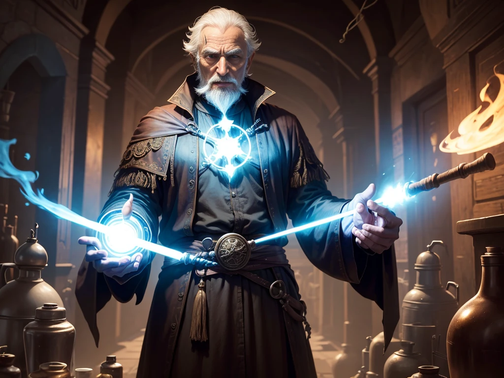 Old magician,Holding a staff,Half Body,The staffs gather into a large medicine bottle,The medicine bottle is in front of the mage