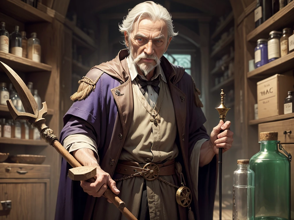 Old magician,Holding a staff,Half Body,The staffs gather into a large medicine bottle,The medicine bottle is in front of the mage