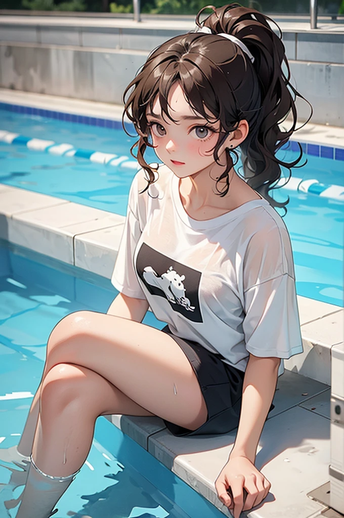 A soaking wet 18 year old girl, Curly hair in a ponytail, She gets soaked and sits in a deep public pool. She is wearing an oversized T-shirt, She doesn&#39;t look ready to get soaked. Soaked clothes,  ((Young Face)) ((Cup Size B) Look forward 