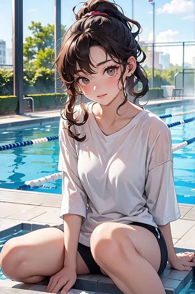 A soaking wet 18 year old girl, Curly hair in a ponytail, She gets soaked and sits in a deep public pool. She is wearing an oversized T-shirt, She doesn&#39;t look ready to get soaked. Soaked clothes,  ((Young Face)) ((Cup Size B) Look forward 