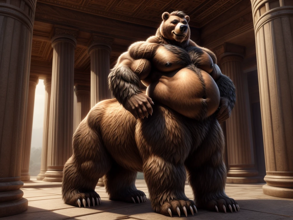 furry, fur taur, huge grizzly bear, beartaur, middle-age, solo,1man, detailed face, bear ears, bear eyes(green), bear nose(black), bear mouth, garibaldi beard(grey), hair, mature hair(grey), detailed arm, thick arm, forearm hair, muscular, thick hands(5 fingers), thick claws, detailed body belly, thick body, brown skin, muscle belly(white), thick chest, chest hair(white), nipples, detailed taur body, thick taur body, waist hair, thick bear paws, bear paws hair, thick bear claws, thick bear tail, bear tail, full body shot, standing in the temple