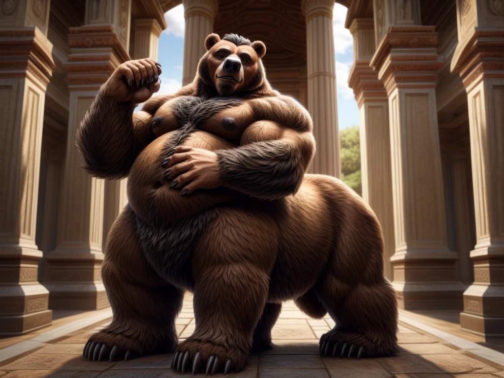 furry, fur taur, huge grizzly bear, beartaur, middle-age, solo,1man, detailed face, bear ears, bear eyes(green), bear nose(black), bear mouth, garibaldi beard(grey), hair, mature hair(grey), detailed arm, thick arm, forearm hair, muscular, thick hands(5 fingers), thick claws, detailed body belly, thick body, brown skin, muscle belly(white), thick chest, chest hair(white), nipples, detailed taur body, thick taur body, waist hair, thick bear paws, bear paws hair, thick bear claws, thick bear tail, bear tail, full body shot, standing in the temple