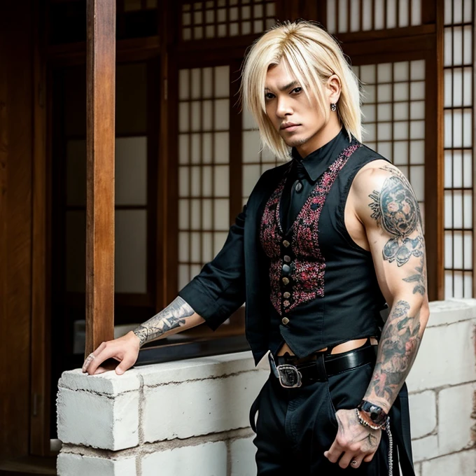1 man, male, Japanese man, Visual Kai hairstyle, ultra detailed face and body, hyperrealistic, realistic representation, muscular, broad shoulders, tattoos gothic style, Visual Kei style, hairstyle Visual Kei, blond, long hair, 40 years old, age 40, outfit gothic , men's shirt and black pants, Asian eyes, eyes, Visual Kei hairstyle 