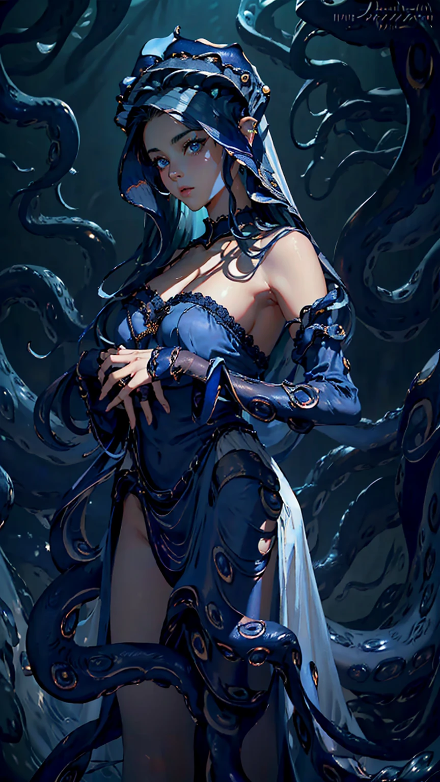 Studio lighting, (best quality:1.4),masterpiece,ultra-detailed,delicate features,delicate skin,realism,beautiful lighting,cowboy shot,1girl,black hair ,blues eyes ,tareme,long hair,gleaming skin,, ((squid tentacles for hands, lots of tentacles)) netted nightie, gown, ((tentacles for hands))