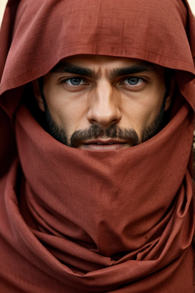 Mens mouth and eyes tied with red cloth.