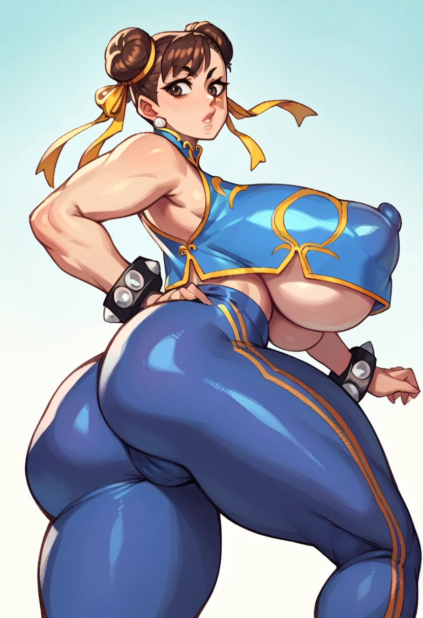 CHUN-LI, brown eyes, double bun, yellow ribbon, blue bodysuit, crop top, sleeveless, wide gigantic ass, from behind, gigantic breasts, underboobs, sideboobs, perky big puffy nipples, ((long erected nipples)), big cameltoe 