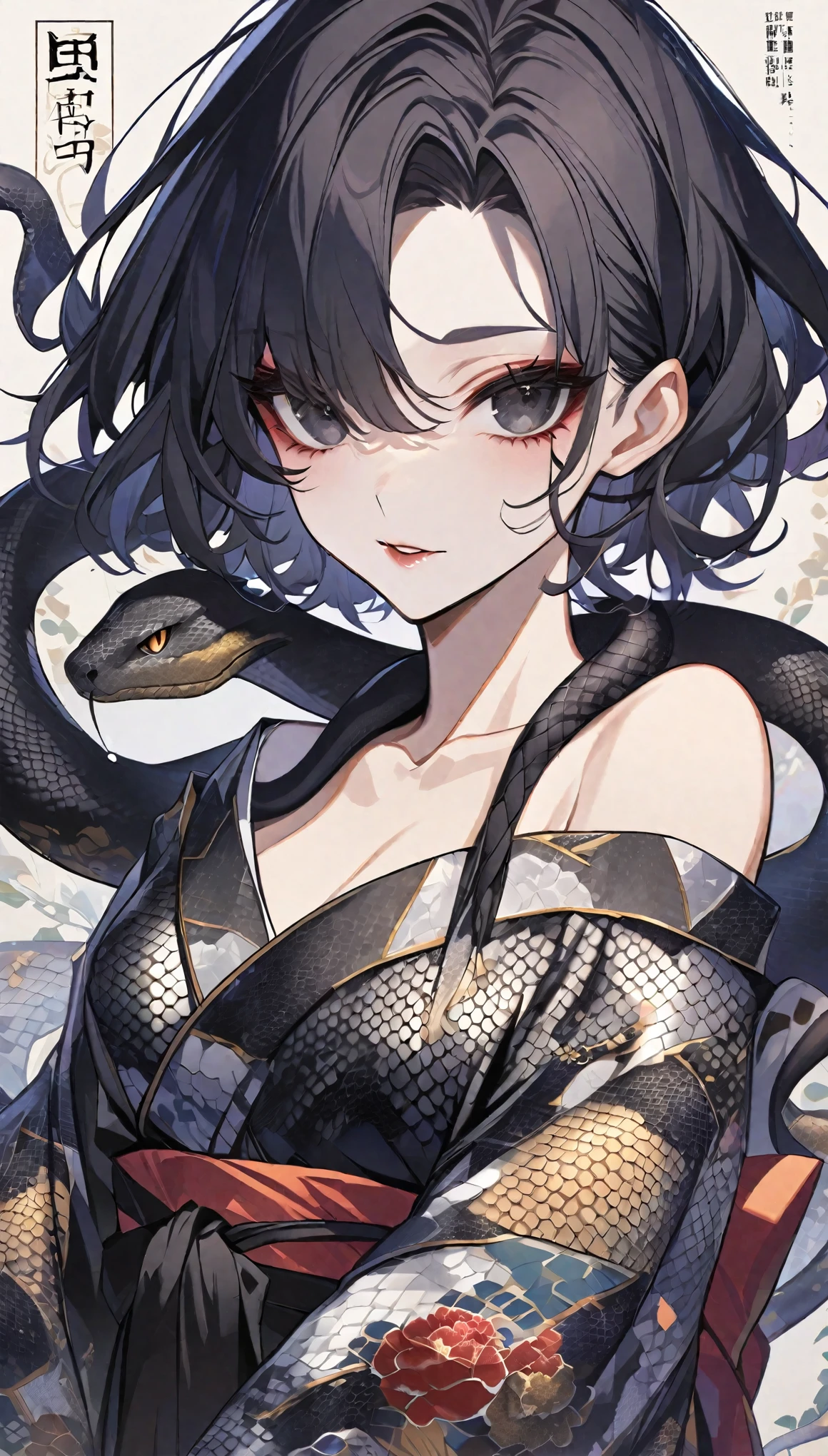 girl,一条蛇缠绕着girl,Black Hair、black eyes,,Off-shoulder kimono,Beautiful face,Snake Woman、Poker face、Black snake pattern、turn around、A black ribbon tied around the neck、Snake scale pattern kimono、With the snake、Personal illustration、short hair