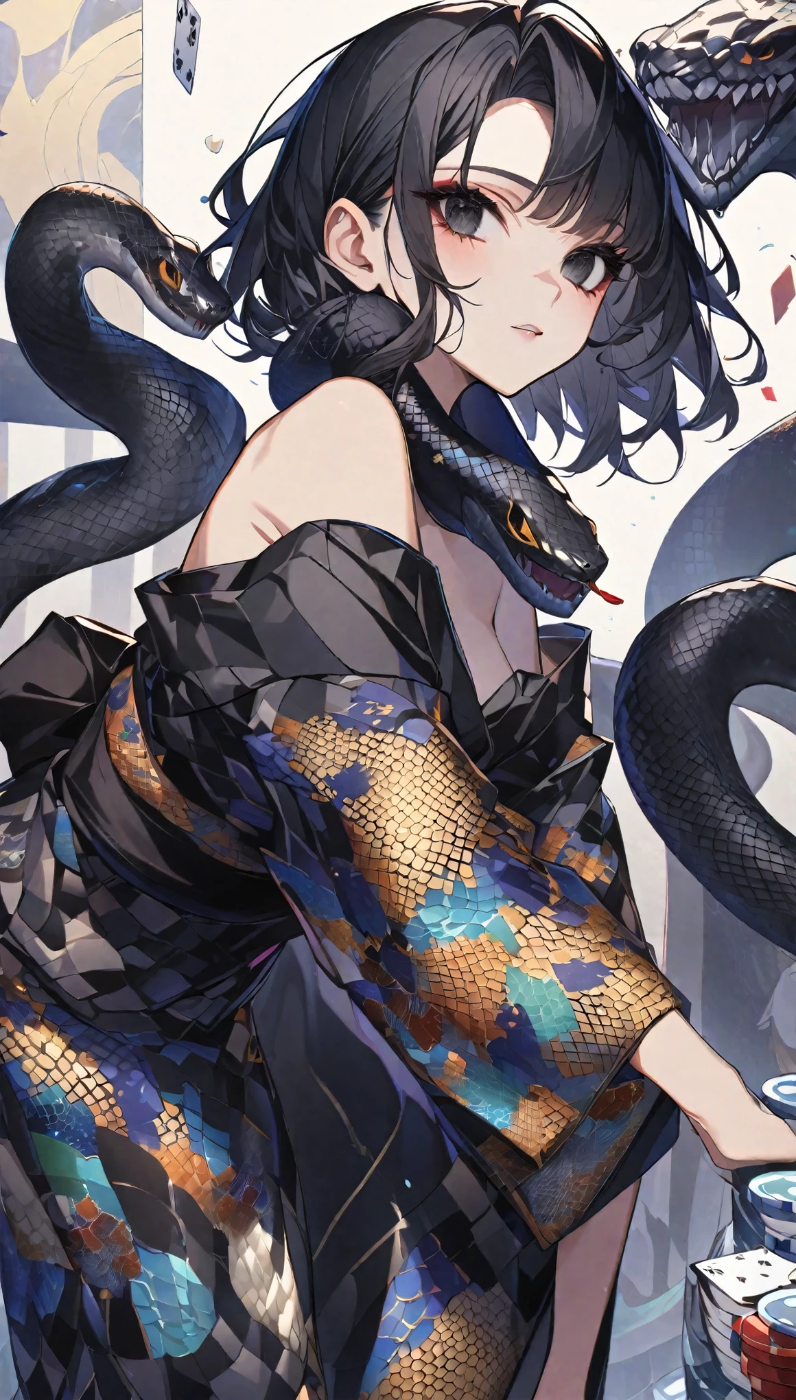 girl,一条蛇缠绕着girl,Black Hair、black eyes,,Off-shoulder kimono,Beautiful face,Snake Woman、Poker face、Black snake pattern、turn around、A black ribbon tied around the neck、Snake scale pattern kimono、With the snake、Personal illustration、short hair