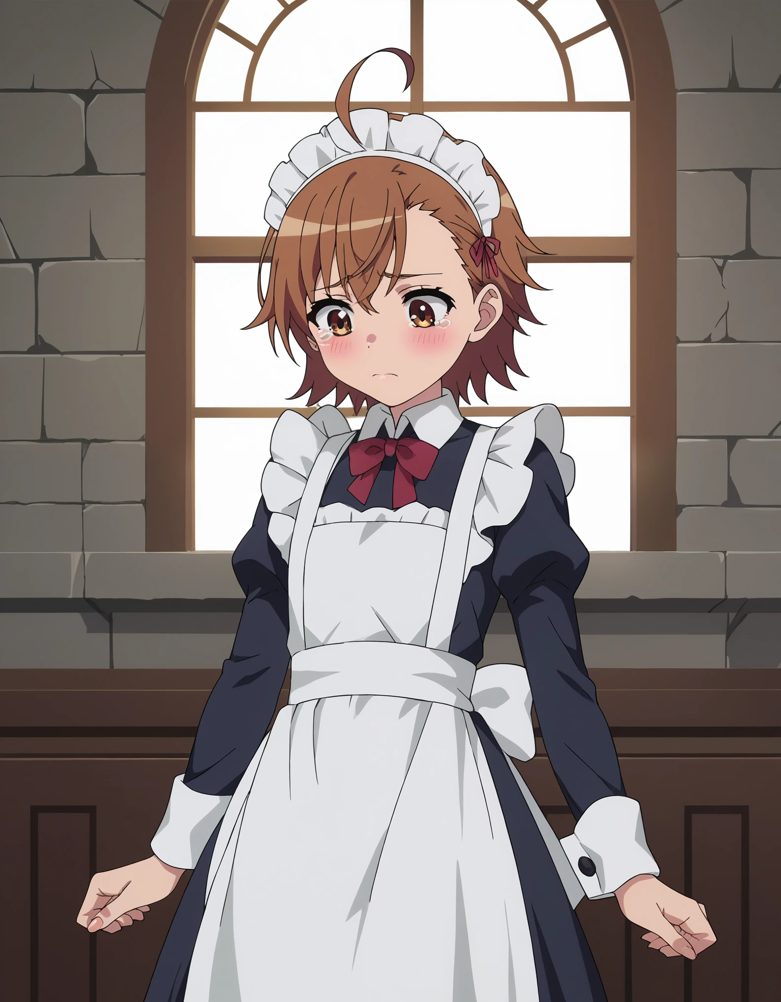 score_9, score_8_up, score_7_up, score_6_up, source_anime, anime screencap, 1girl, solo, 
LastOrd_T1V0, female , brown hair, short hair, asymmetrical hair, ahoge, brown eyes, flat chest, blush, 
maid, maid headdress, maid apron, standing,
looking down, looking away, sad, raised eyebrows, closed mouth, tears, 
indoors, castle, window, cowboy shot,