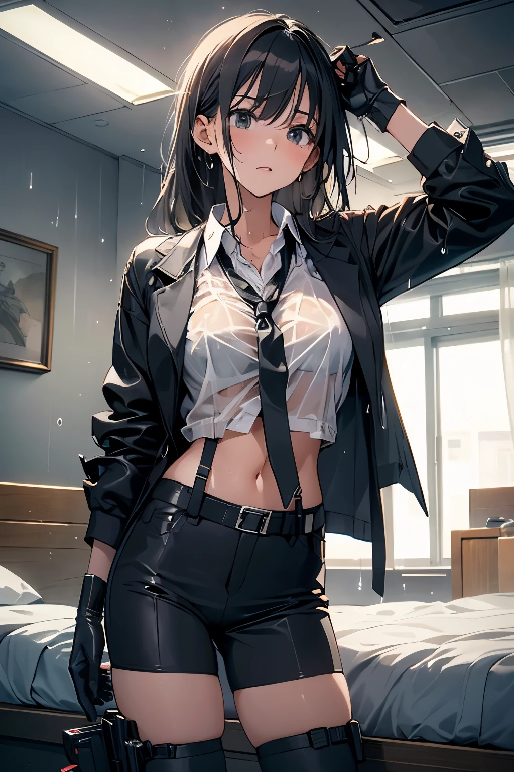 1 female, , high quality, masterpiece, Ultra-high resolution, , Cinema Lighting, , , And the suspenders with the cranes flying Large Breasts Small face holster Lying in bed Looking up Sweat belt summer 脇Sweat Black Hole Gloves suit shirt Black jacket Black trousers Leg Links ズボンにbelt holster Hands behind your back Anxious expression Looking up Anxious face, legs apart Armament Cable ties レッグholster holster See-through clothing heavy rain Getting wet in the rain