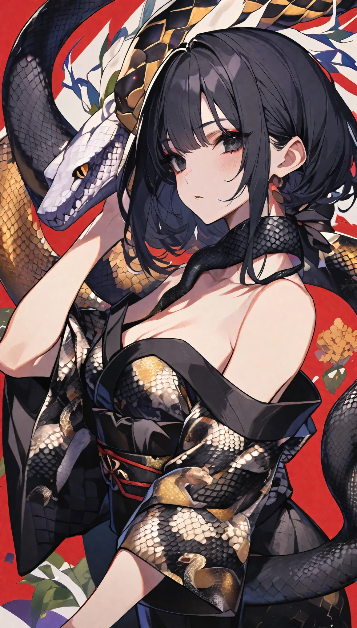 girl,一条蛇缠绕着girl,Black Hair、black eyes,,Off-shoulder kimono,Beautiful face,Snake Woman、Poker face、Black snake pattern、turn around、A black ribbon tied around the neck、Snake scale pattern kimono、With the snake、Personal illustration、short hair