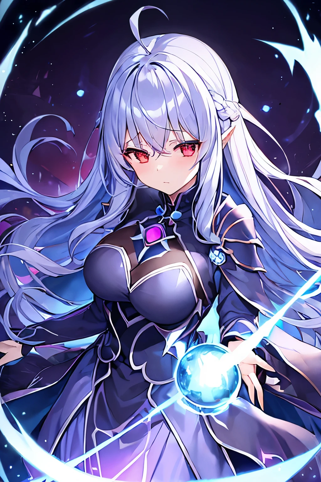 1 girl、Silver long-haired、Hollow, glowing red eyes、Fantasy、witch、((黒とBlue clothes))、((Blue clothes))、Aggressive design、Cape、Purple decoration、accessories、Villain、Magical Items、whole body、Water Magic、Dark Magic、Dark Aura、Expressionless、Expose、Bigger breasts、Shameless、disaster々Decoration