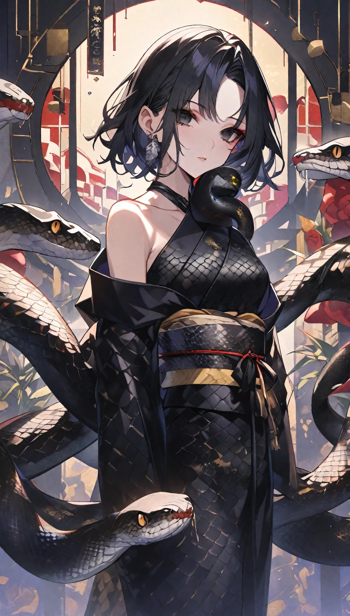 girl,一条蛇缠绕着girl,Black Hair、black eyes,,Off-shoulder kimono,Beautiful face,Snake Woman、Poker face、Black snake pattern、turn around、A black ribbon tied around the neck、Snake scale pattern kimono、With the snake、Personal illustration、short hair