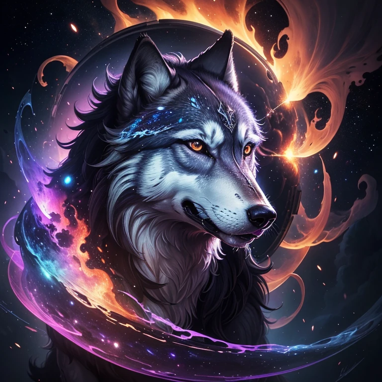 Masterpiece, best quality, high quality, One wolf, solo, energy, Galaxies, spirals, space, nebulas, stele, smoke billowing, iridescente, details Intricate, (in the form of a wolf), octan render, 4K