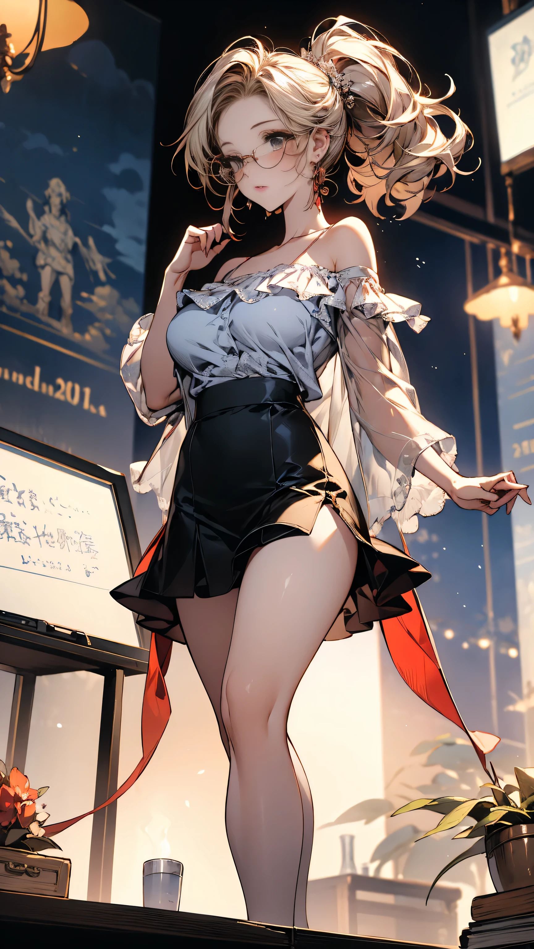 (Ultra-high resolution, 8K original image, lifelike, Thin outline), (light, Textile Shading), (What's the big deal breasts, Breast sagging, What's the big deal , ), 1 female knight, ((,:1.2)), 20 years old, (Long side slit skirt), blush, In hot state, ashamed, Looking at the audience, Blonde Hair, night, Clothes that highlight body lines, (Dynamic Angle, From the center below), , detailed face, girl、ponytails、red blush, sage green sleveless blouse, off shoulder, side boob, young teacher, healthy body, 22 years old, Super big breasts、perfect-composition、top-quality、Ultra-detail、masterpiece、realisitic、Full Body Standing, glasses, books, front class, white board