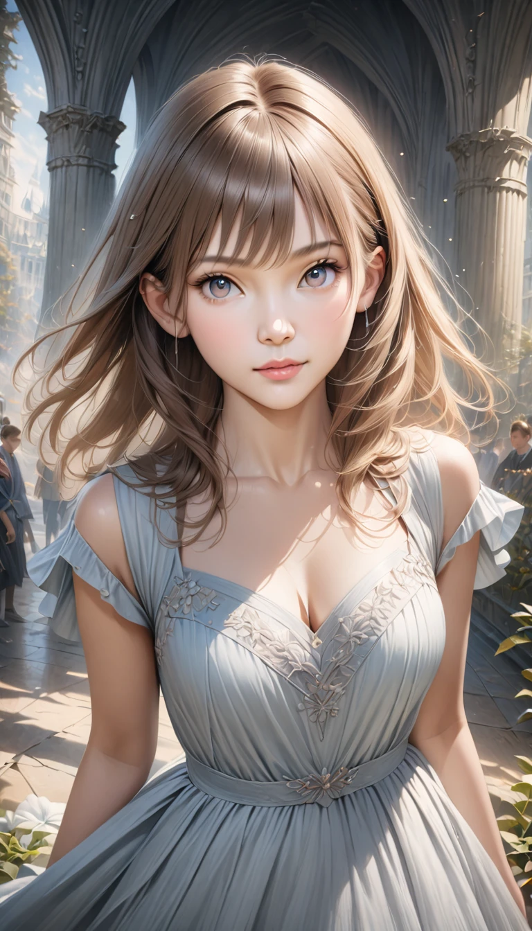 (Highest quality,4K,8k,High resolution,masterpiece:1.2),Very detailed,(Realistic,photoRealistic,photo-Realistic:1.37),Beautiful attention to detail,Beautiful lip detail,girl with beautiful eyes, Anime girl in a cute dress, Cute anime wife in a nice dress, Detailed digital anime art, Wearing a dress, everyone, Beautiful Anime Girls, Cute Anime Girl, Smooth anime art, Anime Style, Vibrant colors, Soft lighting, Beautiful eyes drawn in detail, Beautiful cleavage,
