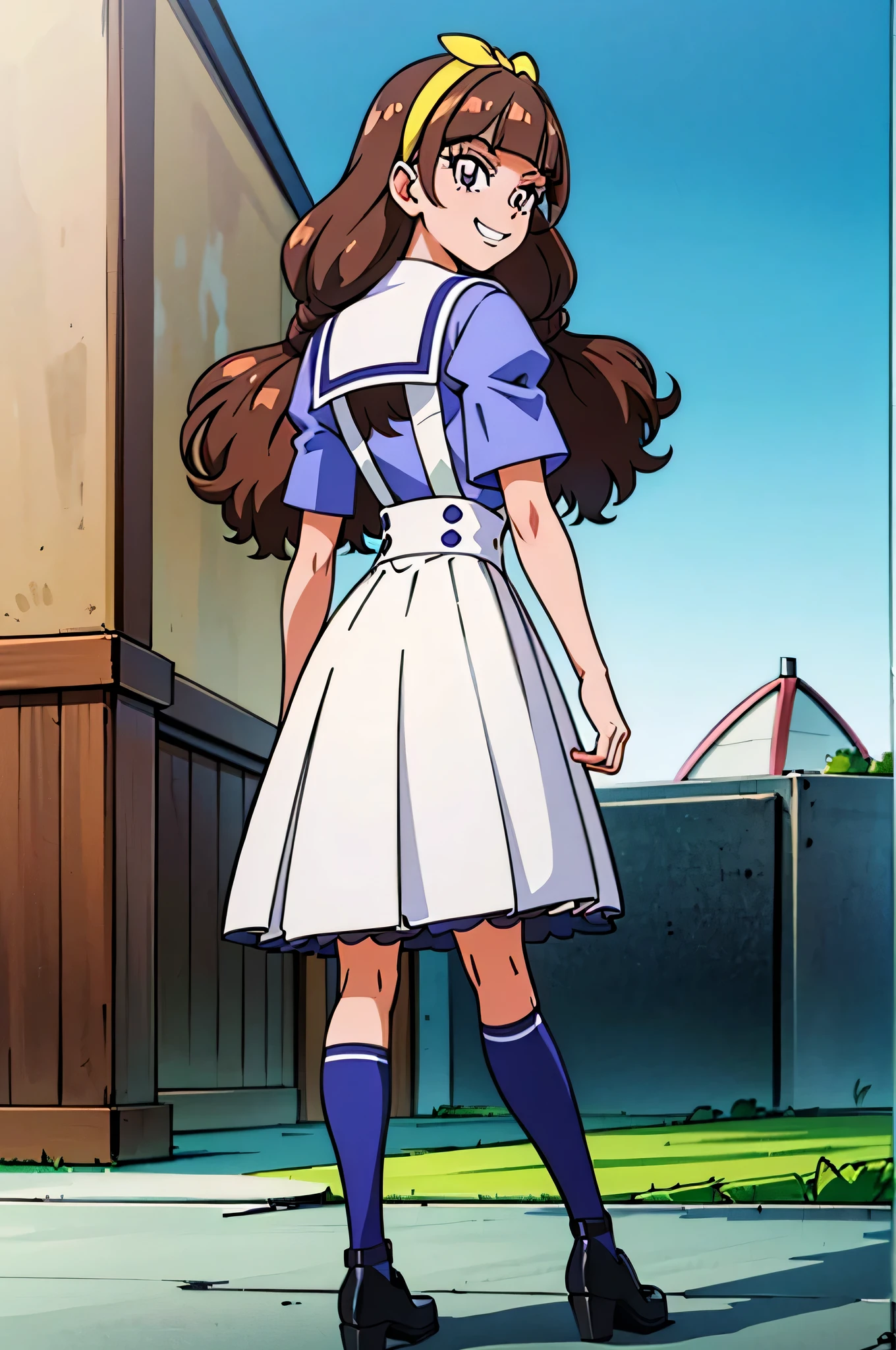 1 girl,(solo), ((amanogawaki)), (masterpiece:1.2), (high quality:1.0), (ultra detailed), (Smug Grin), Brat, Adolescent, (Yellow Headband), ((Blue White Uniform)), Looking Back, Looking at viewer, Black Shoes, White Uniform Skirt, (Popliteal fossa)